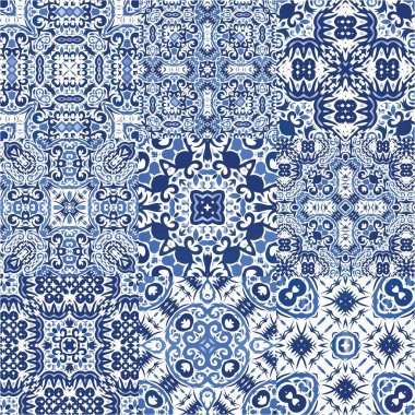 Antika Portekiz azulejo seramiği. Banyo tasarımı. Bir dizi vektörsüz şablon. Koleksiyon defteri, akıllı telefon kılıfları, tişörtler, çantalar ve çarşaflar için mavi ve soyut bir dekor.