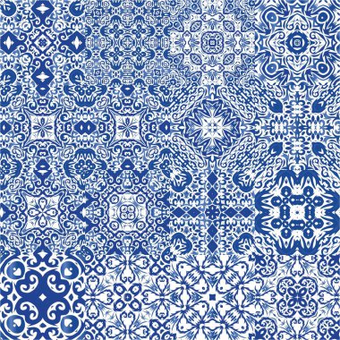 Antika Portekiz azulejo seramiği. Geometrik tasarım. Vektör aralıksız desenler. Koleksiyon defteri, akıllı telefon kılıfları, tişörtler, çantalar ve çarşaflar için mavi ve soyut bir dekor.