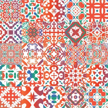 Dekoratif renk talavera fayansları. Vektör aralıksız desenler. Şık tasarım. Baskı, web arkaplanı, yüzey dokusu, havlu, yastık, duvar kağıdı için kırmızı halk etnik süslemeleri.