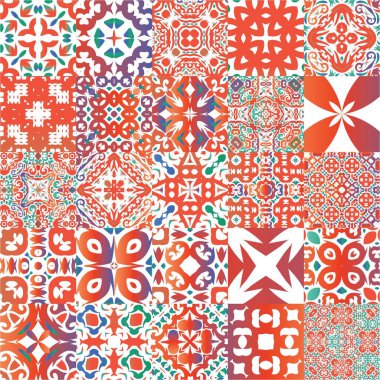 Süslü Talavera Meksika fayans dekoru. Bir dizi vektörsüz şablon. Geometrik tasarım. Çarşaflar, akıllı telefon kılıfları, hatıra defterleri, çantalar ya da tişörtler için kırmızı muhteşem çiçek desenleri..