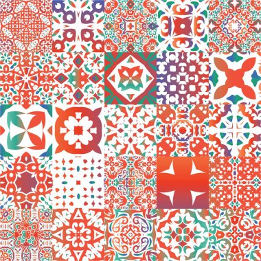Geleneksel süslü Meksika Talavera 'sı. Vektör aralıksız desenler. Mutfak tasarımı. Ağ arkaplanı, baskı, yastıklar, yüzey dokusu, duvar kağıdı, havlular için kırmızı soyut arkaplan.