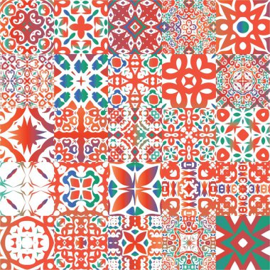 Meksika süslemeli talavera seramiği. Vektörsüz desenlerin toplanması. Banyo tasarımı. Duvar kağıdı, web arkaplanı, havlular, baskı, yüzey dokusu, yastıklar için kırmızı vintage arkaplan.