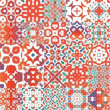 Meksika yapımı talavera fayansları. Geometrik tasarım. Vektör aralıksız desenler. Yastıklar, baskılar, duvar kağıtları, ağ arkaplanı, havlular, yüzey dokusu için kırmızı antika arkaplanlar.