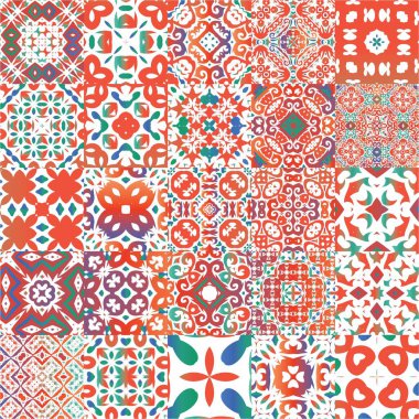 Geleneksel süslü Meksika Talavera 'sı. Geometrik tasarım. Vektörsüz desenlerin toplanması. Ağ arkaplanı, baskı, yastıklar, yüzey dokusu, duvar kağıdı, havlular için kırmızı soyut arkaplan.