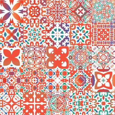 Antik süslü fayanslar Talavera Mexico. Şık tasarım. Bir dizi vektörsüz şablon. Tişört, hatıra defteri, çarşaf, akıllı telefon çantaları veya çantalar için kırmızı etnik altyapı.