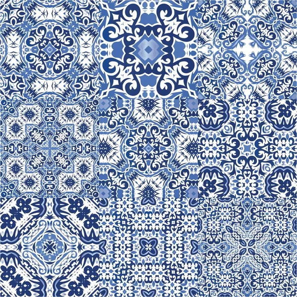 Azulejo Antiguo Azulejos Patchworks Diseño Gráfico Kit Patrones Sin Costura — Vector de stock