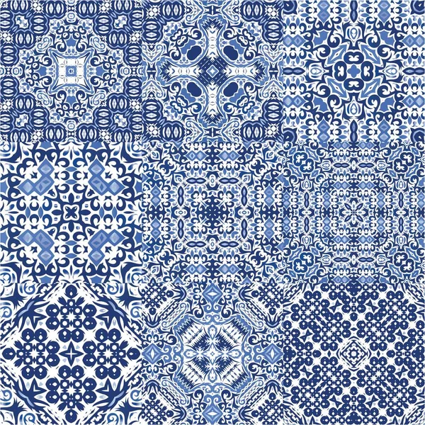 Portuguese Ornamental Azulejo Ceramic Kit Vector Seamless Patterns Bathroom Design — Stock Vector