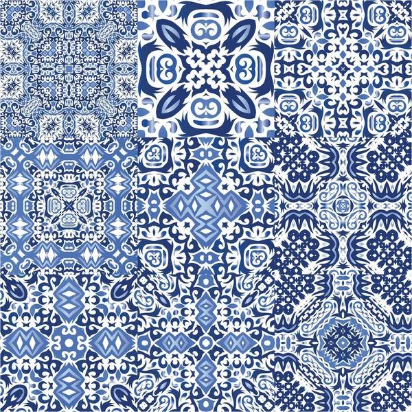 Ethnic Ceramic Tiles Portuguese Azulejo Kit Vector Seamless Patterns Geometric — Stock Vector