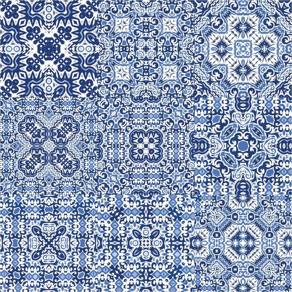 Antique Portuguese Azulejo Ceramic Collection Vector Seamless Patterns Stylish Design — Stock Vector