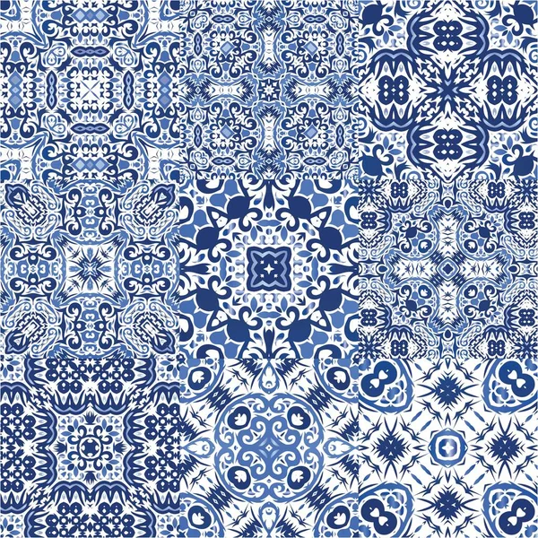 Antika Portekiz azulejo seramiği. Banyo tasarımı. Bir dizi vektörsüz şablon. Koleksiyon defteri, akıllı telefon kılıfları, tişörtler, çantalar ve çarşaflar için mavi ve soyut bir dekor.