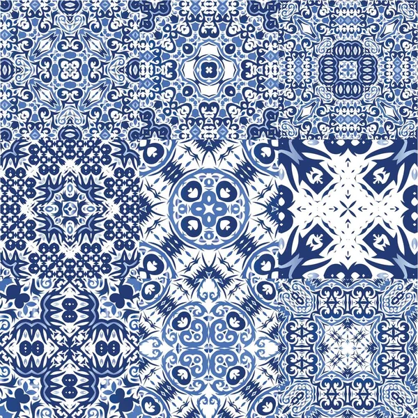 Antika Portekiz azulejo seramiği. Yaratıcı tasarım. Vektörsüz desenlerin toplanması. Koleksiyon defteri, akıllı telefon kılıfları, tişörtler, çantalar ve çarşaflar için mavi ve soyut bir dekor.