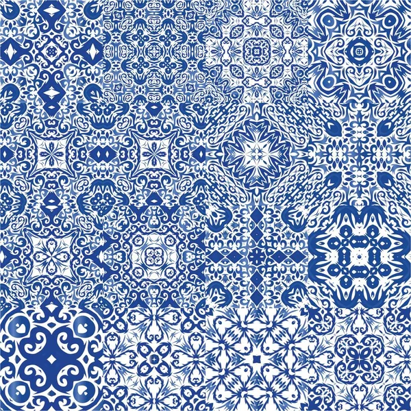 Antique Portuguese Azulejo Ceramic Geometric Design Kit Vector Seamless Patterns — Stock Vector