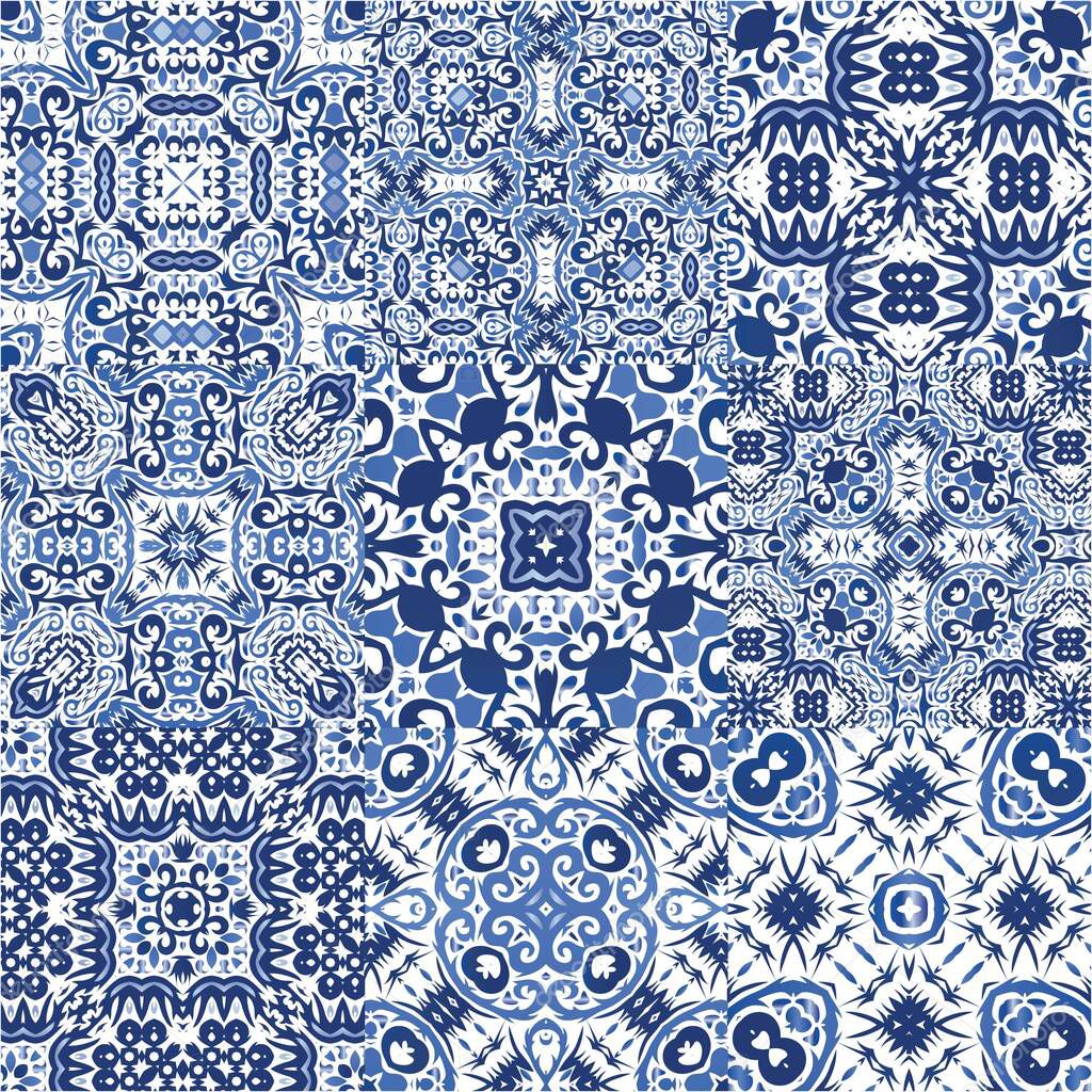 Antique portuguese azulejo ceramic. Bathroom design. Set of vector seamless patterns. Blue floral and abstract decor for scrapbooking, smartphone cases, T-shirts, bags or linens.