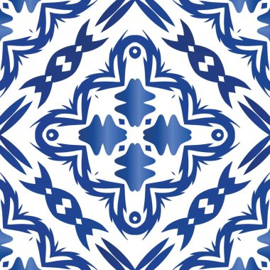 Portekiz azulejo 'sunda etnik seramik fayans. Banyo tasarımı. Vektörsüz desenli elementler. Yüzey dokusu, havlu, yastık, duvar kağıdı, baskı, web arkaplanı için mavi vintage süs.