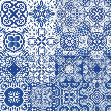 Seramik fayanslar azulejo portugal. Orijinal tasarım Vektörsüz desenlerin toplanması. Tişört, hatıra defteri, çarşaf, akıllı telefon çantaları veya çantalar için mavi etnik altyapı.