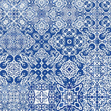 Portekiz yapımı Azulejo fayansları. Vektör aralıksız desenler. Banyo tasarımı. Yastıklar, baskılar, duvar kağıtları, ağ arkaplanı, havlular, yüzey dokusu için mavi antika arkaplan.