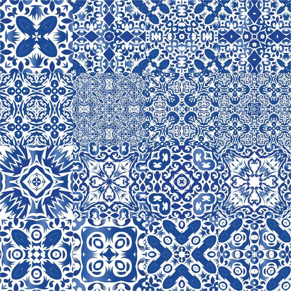 Traditional Ornate Portuguese Azulejos Set Vector Seamless Patterns Stylish Design — Stock Vector