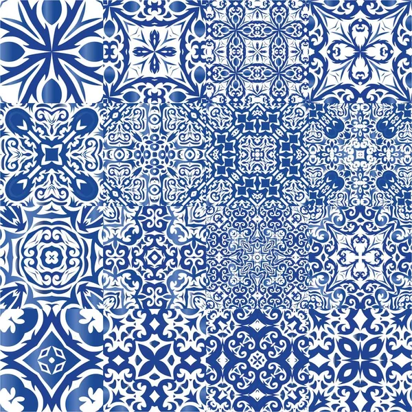 Antique Azulejo Tiles Patchworks Collection Vector Seamless Patterns Original Design — Stock Vector