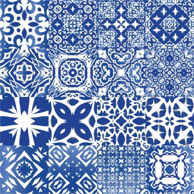 Süslü Azulejo Portekiz fayansları. Vektör aralıksız desenler. Şık tasarım. Çarşaflar, akıllı telefon kılıfları, hatıra defterleri, çantalar ya da tişörtler için mavi muhteşem halk resimleri..