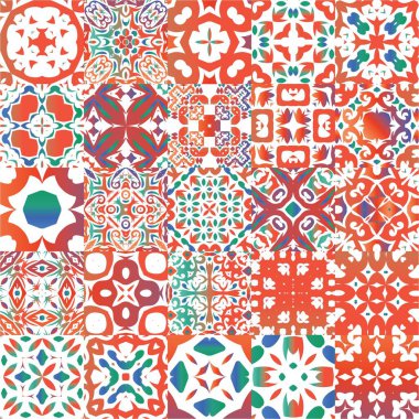 Dekoratif renk talavera fayansları. Orijinal tasarım Vektör aralıksız desenler. Baskı, web arkaplanı, yüzey dokusu, havlu, yastık, duvar kağıdı için kırmızı halk etnik süslemeleri.