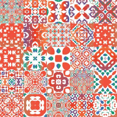 Meksika süslemeli talavera seramiği. Minimum tasarım. Vektörsüz desenlerin toplanması. Duvar kağıdı, web arkaplanı, havlular, baskı, yüzey dokusu, yastıklar için kırmızı vintage arkaplan.