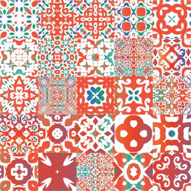 Meksika süslemeli talavera seramiği. Vektör aralıksız desenler. Yaratıcı tasarım. Duvar kağıdı, web arkaplanı, havlular, baskı, yüzey dokusu, yastıklar için kırmızı vintage arkaplan.