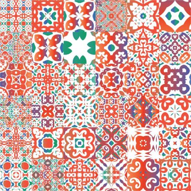 Geleneksel süslü Meksika Talavera 'sı. Bir dizi vektörsüz şablon. Şık tasarım. Ağ arkaplanı, baskı, yastıklar, yüzey dokusu, duvar kağıdı, havlular için kırmızı soyut arkaplan.