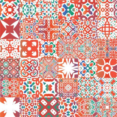Dekoratif renk talavera fayansları. Vektör aralıksız desenler. Yaratıcı tasarım. Baskı, web arkaplanı, yüzey dokusu, havlu, yastık, duvar kağıdı için kırmızı halk etnik süslemeleri.