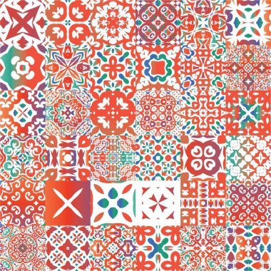 Antik süslü fayanslar Talavera Mexico. Renkli tasarım. Vektör aralıksız desenler. Tişört, hatıra defteri, çarşaf, akıllı telefon çantaları veya çantalar için kırmızı etnik altyapı.