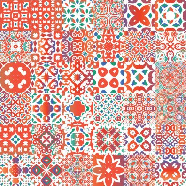 Antika talavera döşeme yama fabrikası. El yapımı tasarım. Vektör aralıksız desenler. Çantalar, akıllı telefon kılıfları, tişörtler, çarşaflar ve koleksiyon defterleri için kırmızı Meksika süslemeleri..