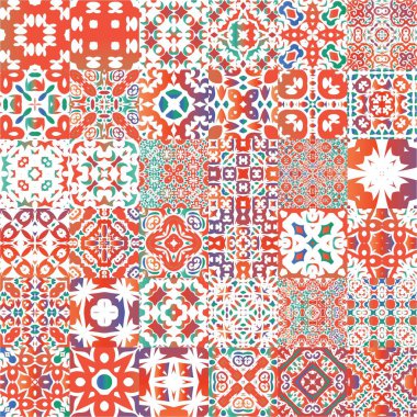 Dekoratif renk talavera fayansları. Moda tasarımı. Vektörsüz desenlerin toplanması. Baskı, web arkaplanı, yüzey dokusu, havlu, yastık, duvar kağıdı için kırmızı halk etnik süslemeleri.