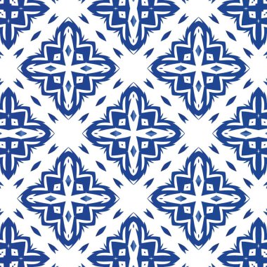 Portekiz azulejo 'sunda etnik seramik fayans. Vektörsüz desenli el ilanı. Mutfak tasarımı. Yüzey dokusu, havlu, yastık, duvar kağıdı, baskı, web arkaplanı için mavi vintage süs.