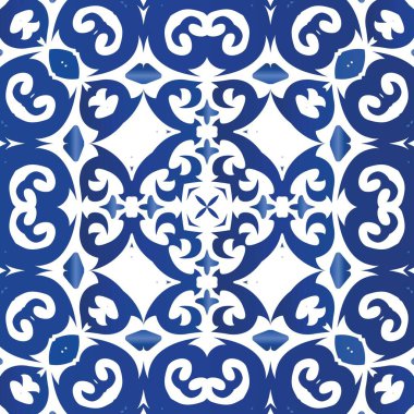 Dekoratif renk seramik azulejo fayansları. Vektörsüz suluboya desenli. El yapımı tasarım. Mavi halk baskısı, web arkaplanı, yüzey dokusu, havlular, yastıklar, duvar kağıdı.