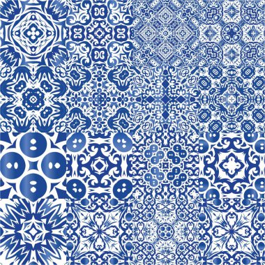 Portekiz azulejo 'sunda etnik seramik fayanslar. Modern tasarım. Bir dizi vektörsüz şablon. Yüzey dokusu, havlu, yastık, duvar kağıdı, baskı, web arkaplanı için mavi klasik süsler.