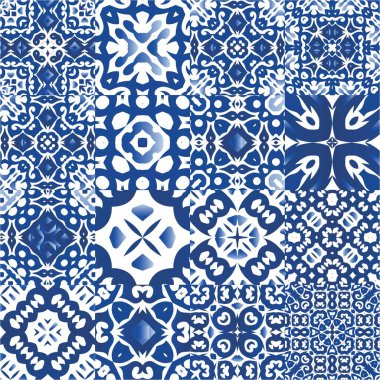 Portekizce süslemeli azulejo seramik. Vektör aralıksız desenler. Minimum tasarım. Duvar kağıdı, web arkaplanı, havlular, baskı, yüzey dokusu, yastıklar için mavi vintage arkaplan.