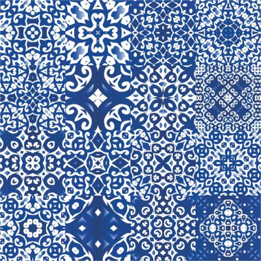 Süslü Azulejo Portekiz fayansları. Bir dizi vektörsüz şablon. Renkli tasarım. Çarşaflar, akıllı telefon kılıfları, hatıra defterleri, çantalar ya da tişörtler için mavi muhteşem halk resimleri..