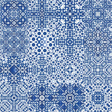 Süslü Azulejo Portekiz fayansları. Vektör aralıksız desenler. Geometrik tasarım. Çarşaflar, akıllı telefon kılıfları, hatıra defterleri, çantalar ya da tişörtler için mavi muhteşem halk resimleri..