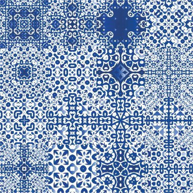 Dekoratif renk seramik azulejo fayansları. Vektörsüz desenlerin toplanması. Mutfak tasarımı. Baskı, web arkaplanı, yüzey dokusu, havlu, yastık, duvar kağıdı için mavi folklor süslemeleri.