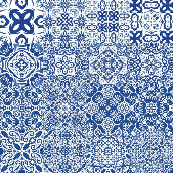 葡萄牙古董片 几何设计 一组矢量无缝模式 用于枕头 印刷品 网状背景 表面纹理的蓝色古色古香背景 — 图库矢量图片