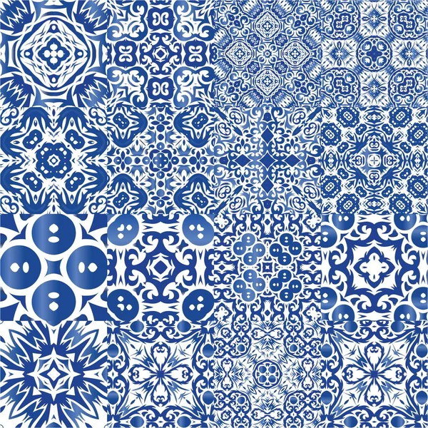 Ethnic Ceramic Tiles Portuguese Azulejo Modern Design Set Vector Seamless — Stock Vector