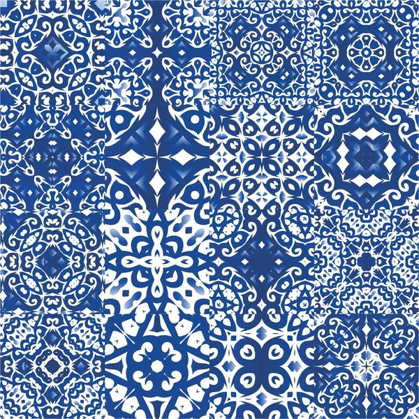 Ethnic Ceramic Tiles Portuguese Azulejo Kit Vector Seamless Patterns Universal — Stock Vector