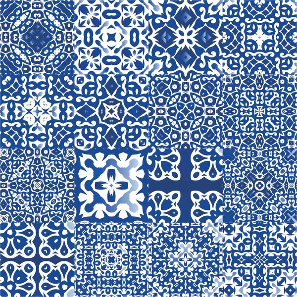 Antiquité Portugaise Azulejo Céramique Ensemble Motifs Vectoriels Sans Couture Conception — Image vectorielle