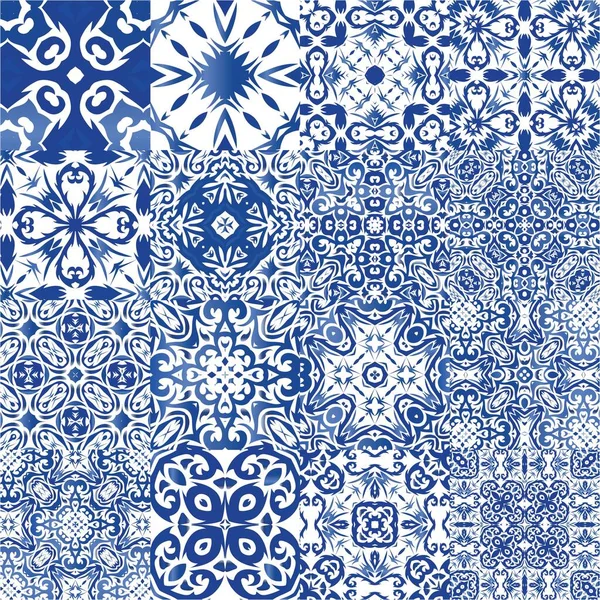 Ceramic Tiles Azulejo Portugal Set Vector Seamless Patterns Geometric Design — Stock Vector