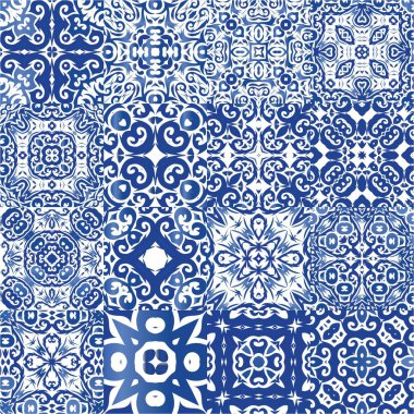 Antika azulejo döşeme yaması. Yaratıcı tasarım. Bir dizi vektörsüz şablon. Çantalar, akıllı telefon kılıfları, tişörtler, çarşaflar veya koleksiyon defterleri için mavi İspanya ve Portekiz dekoru.
