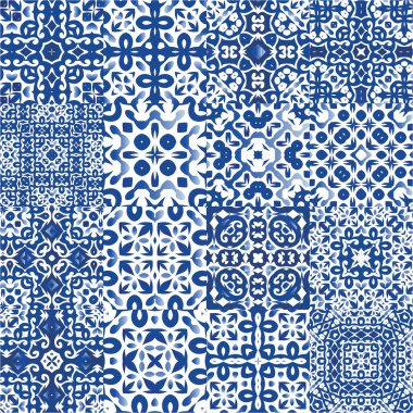 Dekoratif renk seramik azulejo fayansları. Vektör aralıksız desenler. Mutfak tasarımı. Baskı, web arkaplanı, yüzey dokusu, havlu, yastık, duvar kağıdı için mavi folklor süslemeleri.