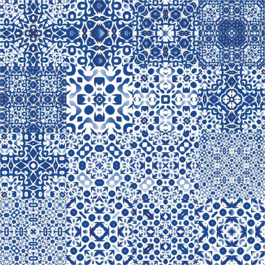 Antika Portekiz azulejo seramiği. Bir dizi vektörsüz şablon. El yapımı tasarım. Koleksiyon defteri, akıllı telefon kılıfları, tişörtler, çantalar ve çarşaflar için mavi ve soyut bir dekor.