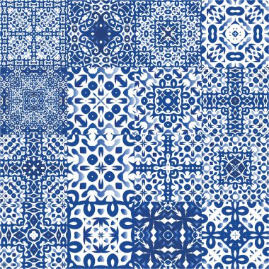 Antika Portekiz azulejo seramiği. Vektör aralıksız desenler. Moda tasarımı. Koleksiyon defteri, akıllı telefon kılıfları, tişörtler, çantalar ve çarşaflar için mavi ve soyut bir dekor.
