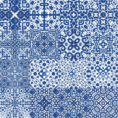 Portekizce süslemeli azulejo seramik. Yaratıcı tasarım. Bir dizi vektörsüz şablon. Duvar kağıdı, web arkaplanı, havlular, baskı, yüzey dokusu, yastıklar için mavi vintage arkaplan.