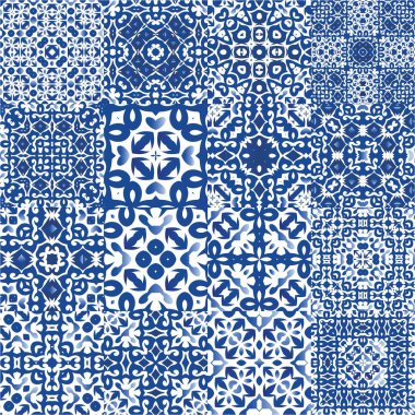 Seramik fayanslar azulejo portugal. Vektörsüz desenlerin toplanması. Moda tasarımı. Tişört, hatıra defteri, çarşaf, akıllı telefon çantaları veya çantalar için mavi etnik altyapı.