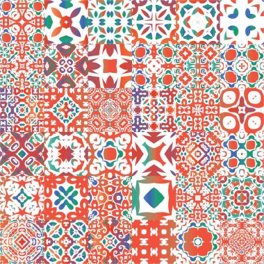 Antik süslü fayanslar Talavera Mexico. Minimum tasarım. Vektörsüz desenlerin toplanması. Tişört, hatıra defteri, çarşaf, akıllı telefon çantaları veya çantalar için kırmızı etnik altyapı.